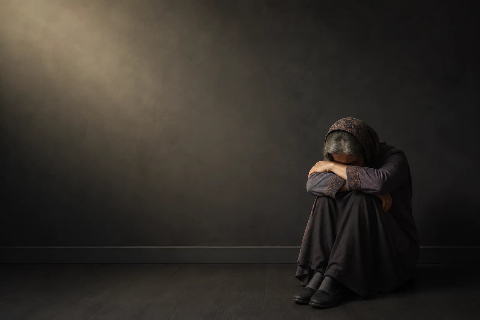 A woman in a patterned headscarf sitting alone against a bare wall, her head resting on her folded arms