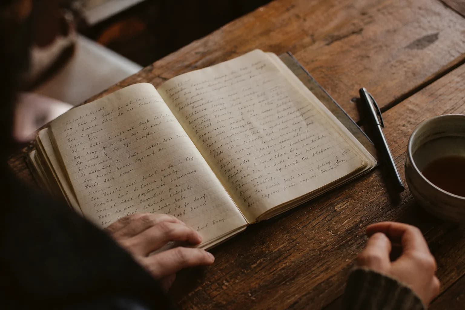An open notebook with handwritten notes beside a cup of tea